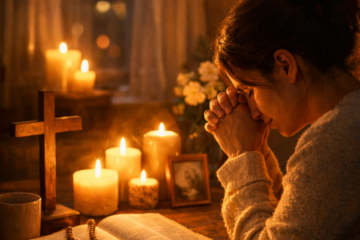 A person sits at a wooden table in warm candlelight, hands clasped in prayer over an open Bible. A rosary, notebook with a pen, cup, small framed picture, and a wooden cross rest on the table. Soft lights glow in the background, and the text “When I Need Jesus” appears at the top.