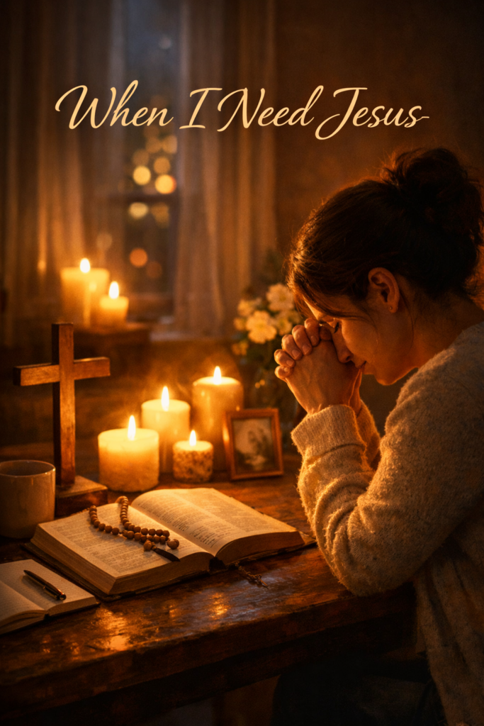 A person sits at a wooden table in warm candlelight, hands clasped in prayer over an open Bible. A rosary, notebook with a pen, cup, small framed picture, and a wooden cross rest on the table. Soft lights glow in the background, and the text “When I Need Jesus” appears at the top.