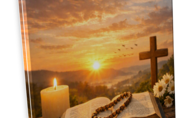At its heart lies an open Holy Bible resting on a rustic wooden table, its pages softly illuminated by the golden light of sunrise. A wooden rosary drapes gracefully across the pages, its beads catching the morning glow. Beside the Bible, a lit candle flickers gently—symbolizing prayer and divine presence—while a wooden cross stands upright in quiet reverence. In the background, the sun rises over misty hills, painting the sky with hues of amber, rose, and soft blue. A flock of birds ascends toward the light, evoking freedom and renewal. To the side, a small bouquet of white daisies rests near the Scripture, adding purity and peace to the scene.