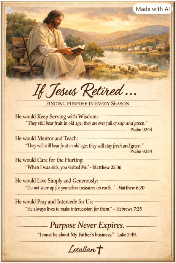 “Illustration of Jesus as an older man sitting peacefully by a lake, reading a book with sheep grazing nearby. The devotional text below includes five reflections with Scripture verses about serving, mentoring, caring, living simply, and praying. Ends with the phrase ‘Purpose Never Expires’ and signature ‘Lesallan ✝️.’”
