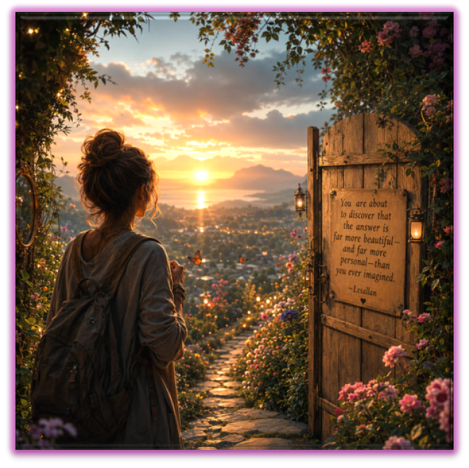 A person wearing a backpack stands on a stone path surrounded by vibrant flowers and greenery, facing an open wooden gate decorated with lanterns and climbing vines. Beyond the gate, a valley glows under a warm sunset with mountains in the distance. An inscription on the gate reads, “You are about to discover that the answer is far more beautiful—and far more personal—than you ever imagined. —Lesallan.” The scene evokes a sense of journey, invitation, and spiritual discovery.
