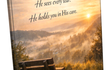 A wooden bench sits on a hillside overlooking a mist‑filled valley at sunrise, with warm golden light spreading across the landscape. Inspirational text overlays the image, offering comfort and quoting Psalm 34:18 about God being near to the brokenhearted.