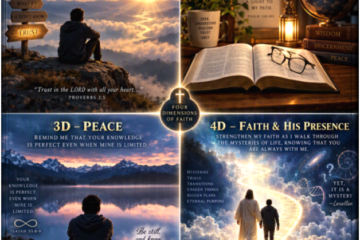 Inspirational Christian collage titled "Four Dimensions of Faith" arranged in four quadrants with a glowing cross at the center. The first panel, "1D - Trust," shows a person sitting on a mountain overlook at sunrise, facing a sea of clouds and a wooden signpost labeled with words such as "Uncertainty," "Questions," and "I Don't Know," with the message, "When I cannot understand, help me to trust You," and Proverbs 3:5. The second panel, "2D - Wisdom & Discernment," features an open Bible, eyeglasses, a lantern, books labeled "Wisdom," "Discernment," and "Peace," a globe, and a framed verse from Psalm 119:105, with a prayer for wisdom, peace, and discernment. The third panel, "3D - Peace," depicts a person seated beside a calm mountain lake at dusk, reflecting on Isaiah 55:8-9 and Psalm 46:10, with the message, "Remind me that Your knowledge is perfect even when mine is limited." The fourth panel, "4D - Faith & His Presence," portrays Jesus walking with a person along a radiant path through clouds toward heavenly light, surrounded by references to life's mysteries and Matthew 28:20, with the declaration, "Yet, it is a mystery." Gold and blue tones unify the artwork, emphasizing trust, wisdom, peace, and faith in God's presence amid life's unanswered questions. ✝️