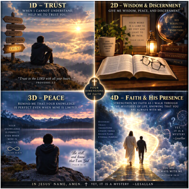 Inspirational Christian collage titled "Four Dimensions of Faith" arranged in four quadrants with a glowing cross at the center. The first panel, "1D - Trust," shows a person sitting on a mountain overlook at sunrise, facing a sea of clouds and a wooden signpost labeled with words such as "Uncertainty," "Questions," and "I Don't Know," with the message, "When I cannot understand, help me to trust You," and Proverbs 3:5. The second panel, "2D - Wisdom & Discernment," features an open Bible, eyeglasses, a lantern, books labeled "Wisdom," "Discernment," and "Peace," a globe, and a framed verse from Psalm 119:105, with a prayer for wisdom, peace, and discernment. The third panel, "3D - Peace," depicts a person seated beside a calm mountain lake at dusk, reflecting on Isaiah 55:8-9 and Psalm 46:10, with the message, "Remind me that Your knowledge is perfect even when mine is limited." The fourth panel, "4D - Faith & His Presence," portrays Jesus walking with a person along a radiant path through clouds toward heavenly light, surrounded by references to life's mysteries and Matthew 28:20, with the declaration, "Yet, it is a mystery." Gold and blue tones unify the artwork, emphasizing trust, wisdom, peace, and faith in God's presence amid life's unanswered questions. ✝️