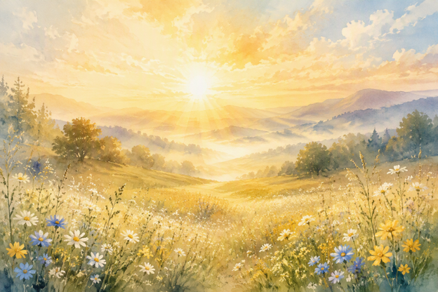 The scene is set in a wide, open meadow surrounded by rolling hills and distant mountain ridges. The style resembles a soft watercolor or impressionist painting, with gentle brushwork and warm, luminous colors that create a peaceful atmosphere.