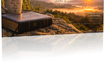 A Christian devotional sunrise scene overlooking rolling hills and a mist-covered valley bathed in golden morning light. In the foreground, a Holy Bible rests on a rocky ledge beside a coffee mug bearing the words “New Mercies New Day New Hope.” The image contains a prayer of gratitude beginning with “Thank You for the gift of this day,” asking God for gratitude, truth, and peace. A Scripture reference from Lamentations 3:22–23 reminds readers that God's mercies are new every morning. Warm golden tones and a peaceful landscape create an atmosphere of hope, renewal, and faith.