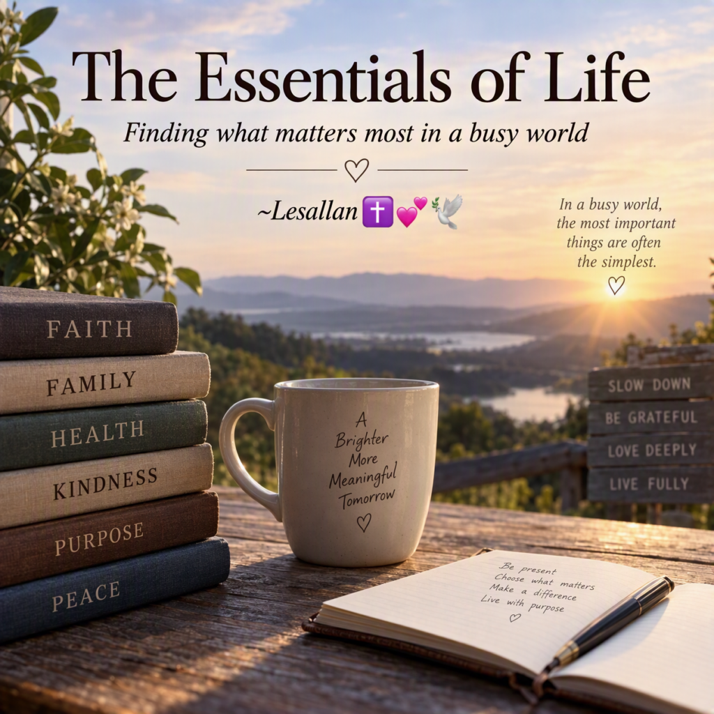 The image encourages viewers to slow down and reevaluate their priorities, emphasizing that lasting fulfillment comes from nurturing faith, family, health, kindness, purpose, and peace rather than pursuing busyness or material success. The peaceful setting and reflective objects work together to inspire gratitude, intentional living, and focus on what truly matters most.