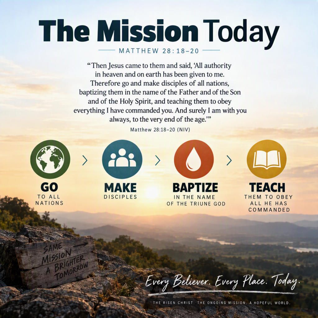 Christian inspirational graphic titled “The Mission Today” featuring Matthew 28:18–20. The design displays the Great Commission passage centered over a sunrise landscape with mountains and a valley in the background. Below the scripture are four colorful circular icons connected by arrows, illustrating the mission of believers: a globe labeled “Go to All Nations,” a group of people labeled “Make Disciples,” a water droplet labeled “Baptize in the Name of the Triune God,” and an open book labeled “Teach Them to Obey All He Has Commanded.” In the foreground, a rustic wooden sign on rocky terrain reads “Same Mission, A Brighter Tomorrow.” The bottom of the image features the phrase “Every Believer. Every Place. Today.” emphasizing the ongoing Christian call to share the Gospel.