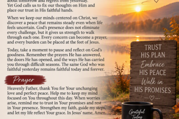 Inspirational Christian devotional graphic titled "Today's Reflections – October 30, 2026." The image features a tranquil autumn sunrise over a misty lake with golden sunlight reflecting on the water. In the foreground, an open Bible rests on a rustic wooden table beside a dark coffee mug bearing the words, "Grateful Today for His Goodness." A weathered wooden sign displays the message, "Trust His Plan, Embrace His Peace, Walk in His Promises." The devotional is based on Isaiah 26:3 (KJV) and includes a reflection about finding God's peace by trusting Him, a prayer for guidance and faith, a website excerpt, and faith-centered hashtags. Warm fall colors, scattered autumn leaves, and soft morning light create a peaceful atmosphere of hope, trust, and spiritual encouragement. ✝️📖☕🌅
