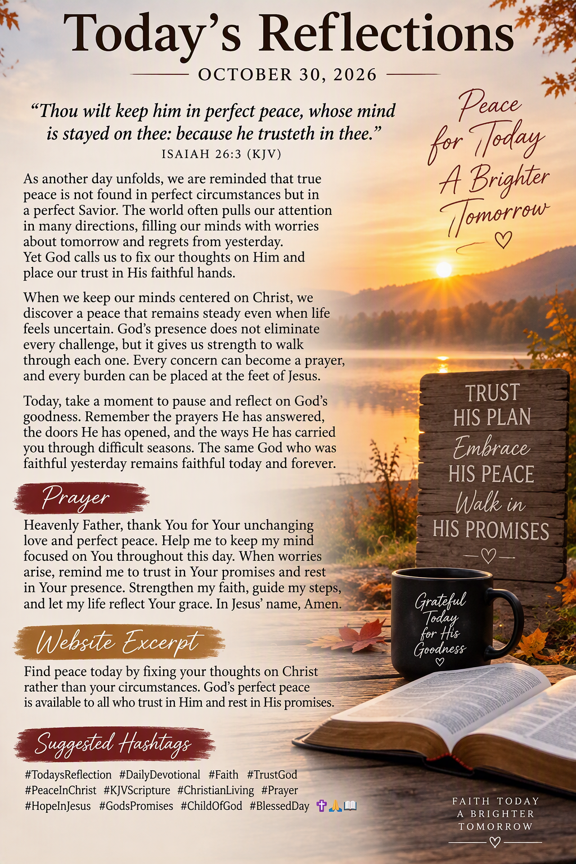Inspirational Christian devotional graphic titled "Today's Reflections – October 30, 2026." The image features a tranquil autumn sunrise over a misty lake with golden sunlight reflecting on the water. In the foreground, an open Bible rests on a rustic wooden table beside a dark coffee mug bearing the words, "Grateful Today for His Goodness." A weathered wooden sign displays the message, "Trust His Plan, Embrace His Peace, Walk in His Promises." The devotional is based on Isaiah 26:3 (KJV) and includes a reflection about finding God's peace by trusting Him, a prayer for guidance and faith, a website excerpt, and faith-centered hashtags. Warm fall colors, scattered autumn leaves, and soft morning light create a peaceful atmosphere of hope, trust, and spiritual encouragement. ✝️📖☕🌅
