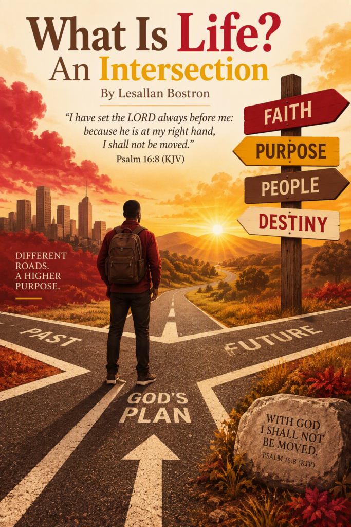 nspirational Christian blog graphic titled "What Is Life? An Intersection" by Lesallan Bostron. A traveler with a backpack stands at a crossroads where multiple roads meet. The road directly ahead is labeled “God’s Plan,” while paths to either side are marked “Past” and “Future.” A wooden signpost points toward “Faith,” “Purpose,” “People,” and “Destiny.” In the background, a golden sunrise shines over rolling hills, while a city skyline appears to the left. The image features Psalm 16:8 (KJV): “I have set the LORD always before me: because he is at my right hand, I shall not be moved.” A stone beside the road repeats the verse reference, emphasizing God’s guidance and stability at life’s crossroads.